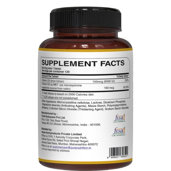 Envase de Pure Nutrition Vita D3 K2 y etiqueta