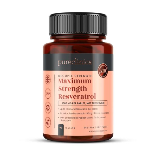Frente de la botella Pureclinica resveratrol 1000 mg