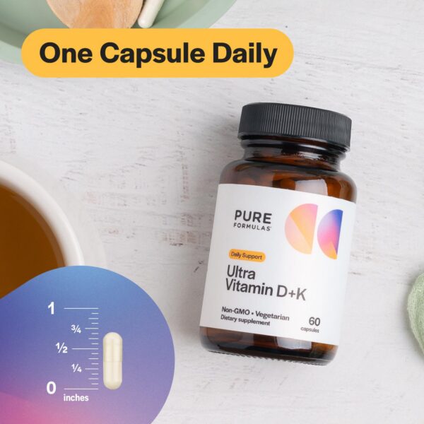 Embalaje PureFormulas Vitamina D3 K2 5000 IU para bienestar diario