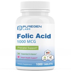 Puregen Labs ácido fólico 1000 mcg botella 1000 tabletas
