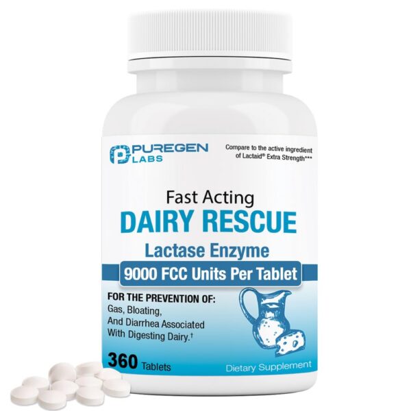 Version 1.0.0 Frasco blanco de Puregen Labs Dairy Rescue con 360 tabletas