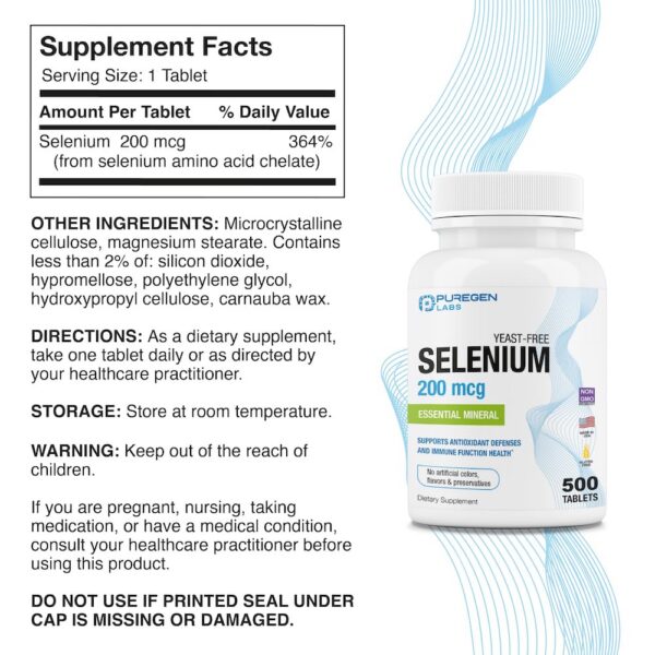 Frasco de Puregen Selenium 200 mcg y etiqueta