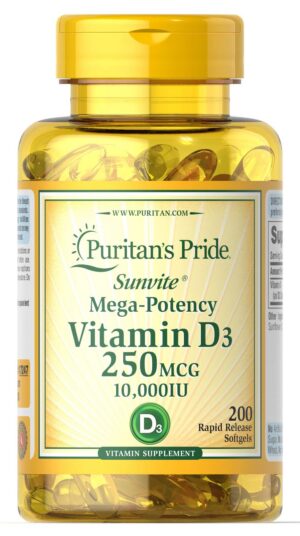 Frasco de Vitamina D3 Puritan's Pride 250 mcg