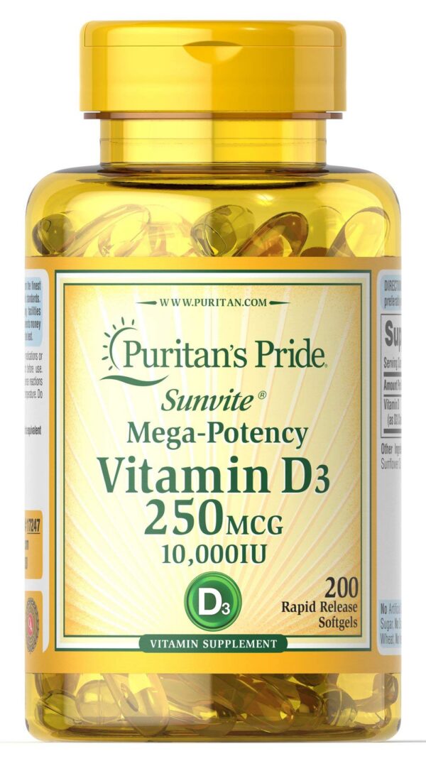 Frasco de Vitamina D3 Puritan's Pride 250 mcg