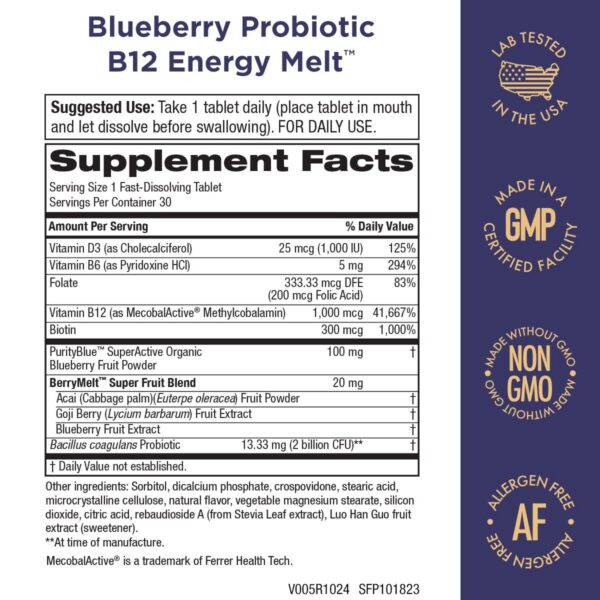 Caja y etiqueta Purity Probiotic B12 Melt