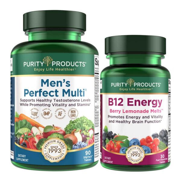 Frente del bundle Purity Products con Men's Perfect Multi y B12 MELT