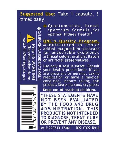 Detalle cápsulas Quantum suplemento renal con ingredientes naturales