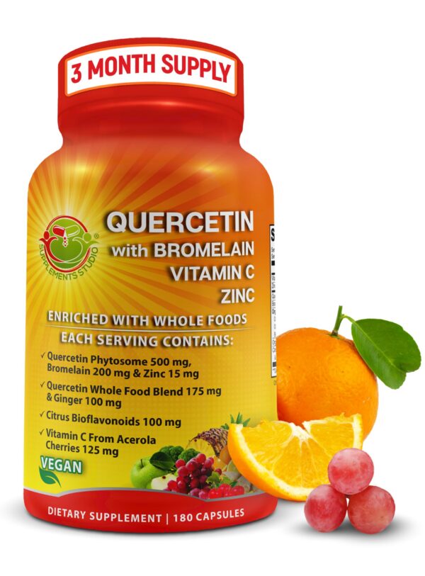 Frasco de suplemento de quercetina con bromelina y vitamina C
