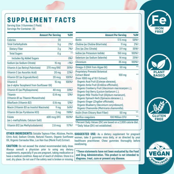 Frontal etiqueta gomitas Quorinthiumax prenatales sin azúcar