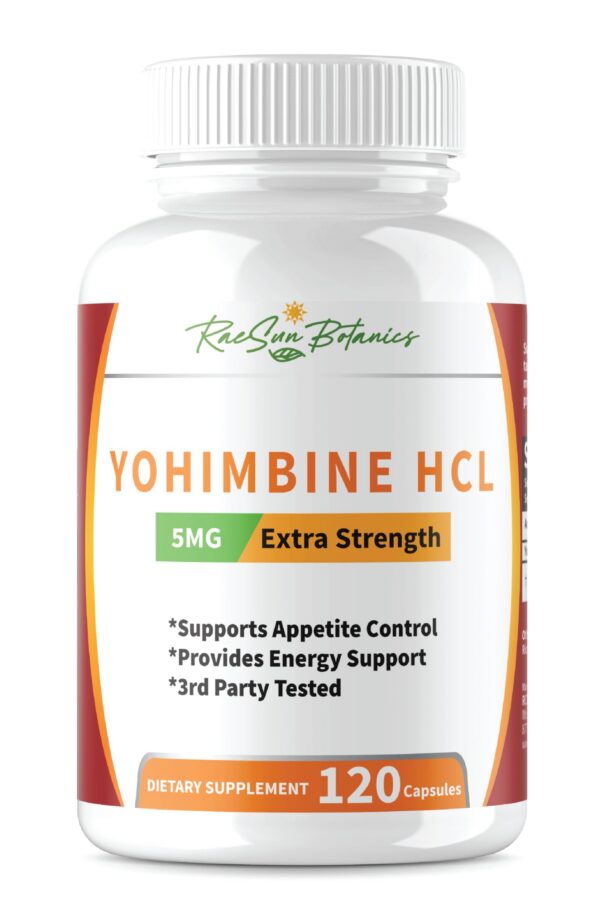 Version 1.0.0 Frasco RaeSun Botanics Yohimbine HCL cápsulas frente