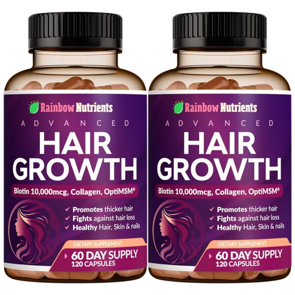 Frente del empaque de Rainbow Nutrients Hair Growth vitamins