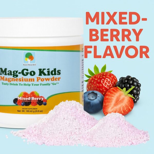 Raise Them Well Mag-Go Kids polvo magnesio bayas etiqueta