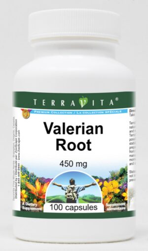 Version 1.0.0 Raíz de valeriana TerraVita 450 mg frasco de 100 cápsulas