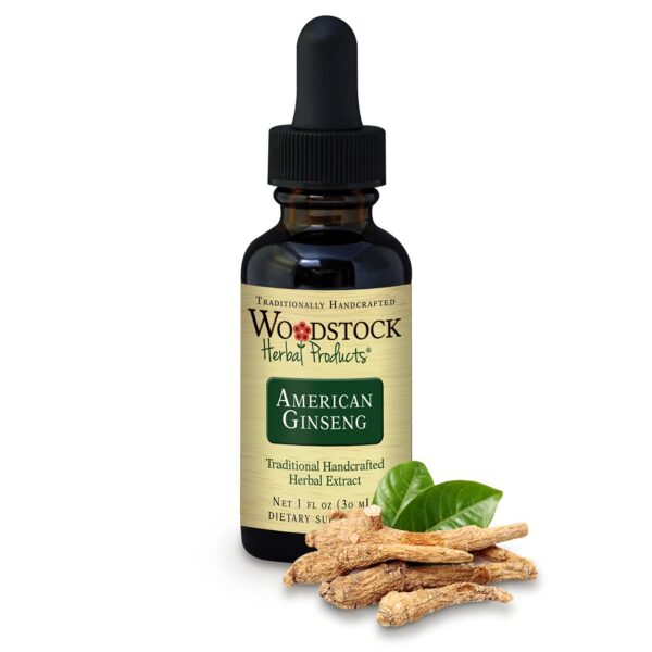 Raíz de ginseng americano Woodstock Herbal Products 1 onza envase frontal