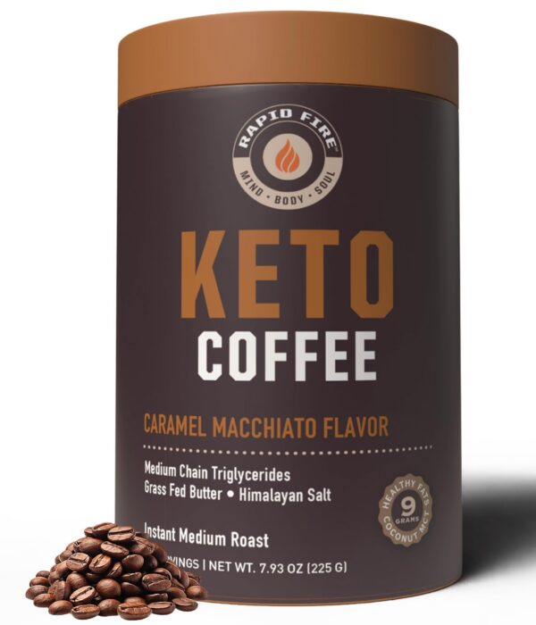 Café instantáneo Rapid Fire Keto Caramel Macchiato frente al envase