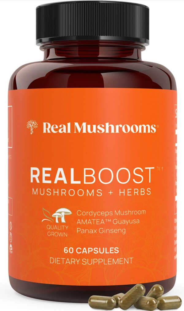 Version 1.0.0 Real Mushrooms RealBoost cápsulas con Cordyceps energía y estado de ánimo