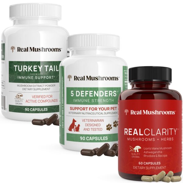 Paquete Real Mushrooms RealClarity y 5 Defenders con cápsulas