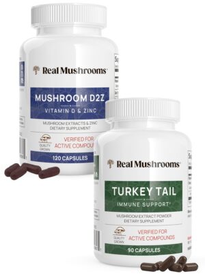 Paquete de suplementos Real Mushrooms con vitamina D2 y zinc