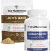 Paquete de suplemento Real Mushrooms con vitamina D y Lion’s Mane