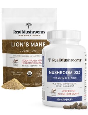 Paquete de suplemento Real Mushrooms con vitamina D y Lion’s Mane