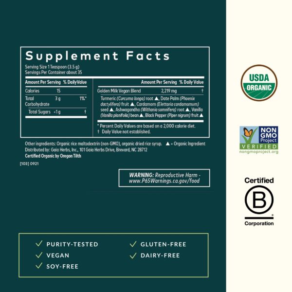 Version 1.0.0 Recipiente polvo leche dorada ayurvédico Gaia Herbs