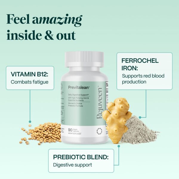 Frasco y etiquetas de suplemento para salud digestiva femenina Rejuveen