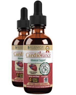 Version 1.0.0 Botella de suplemento CardioVance líquido de Rejuvica Health para el corazón.
