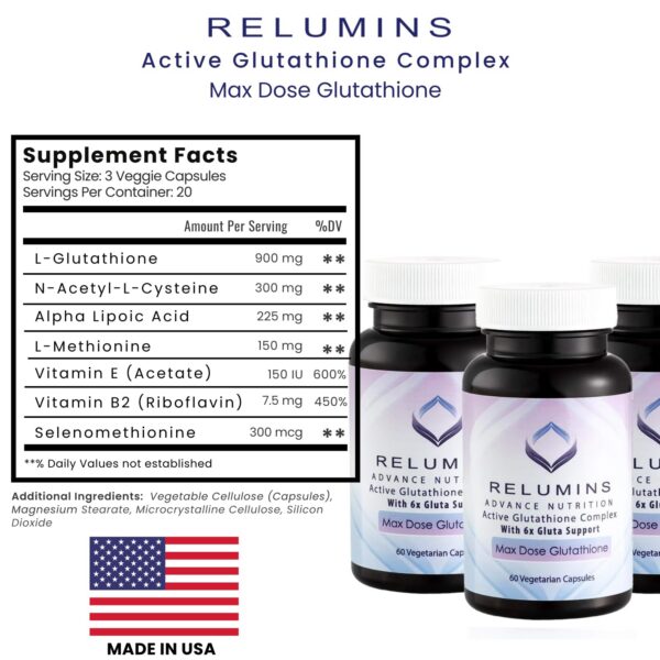 Etiqueta de la botella Relumins Glutathión Complex