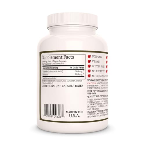 Version 1.0.0 Envase de Remedy's Vitamin C con Hibisco suplemento vegano de 60 cápsulas