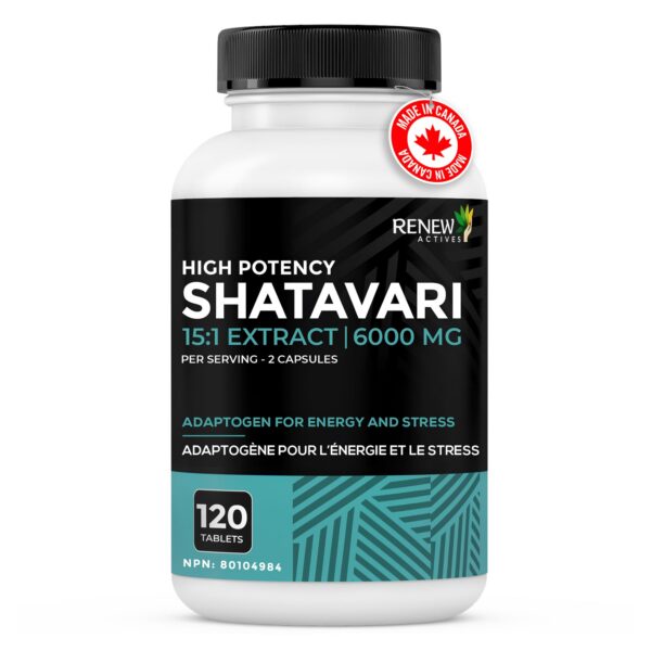 Frasco cápsulas Shatavari adaptógeno Renew Actives 120 unidades