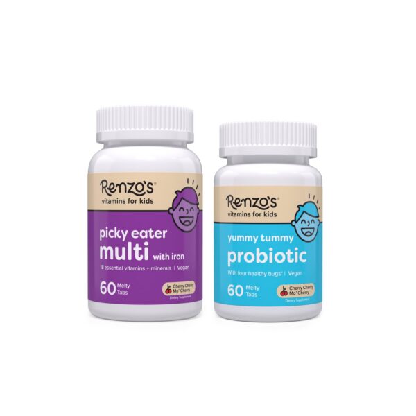Version 1.0.0 Frasco de Renzo's Happy Tummies Bundle con probióticos y multivitamínico infantil