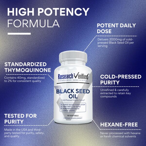 Frasco Research Verified Black Seed Oil con etiqueta