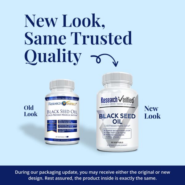 Frasco con etiqueta lateral Research Verified Black Seed Oil