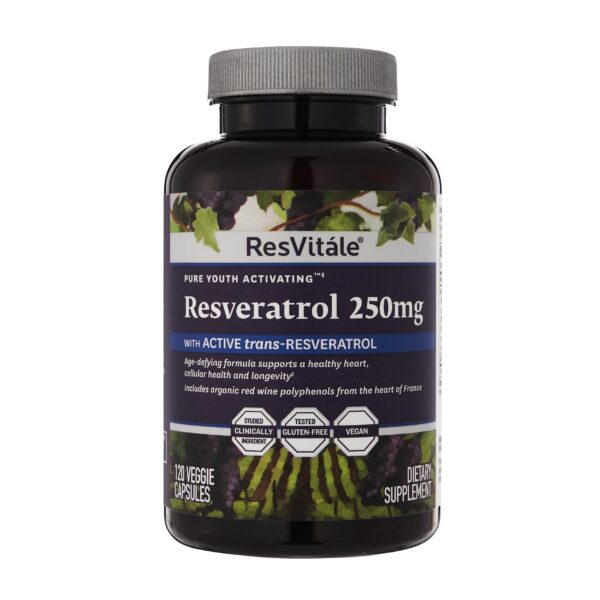 Frasco frontal ResVitale Resveratrol 250 mg capsulas vegetales