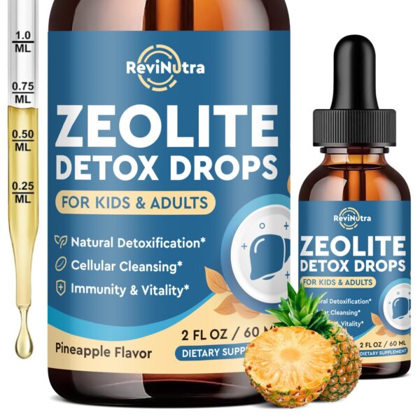 ReviNutra Zeolite Detox gotas líquidas para niños y adultos botella frontal
