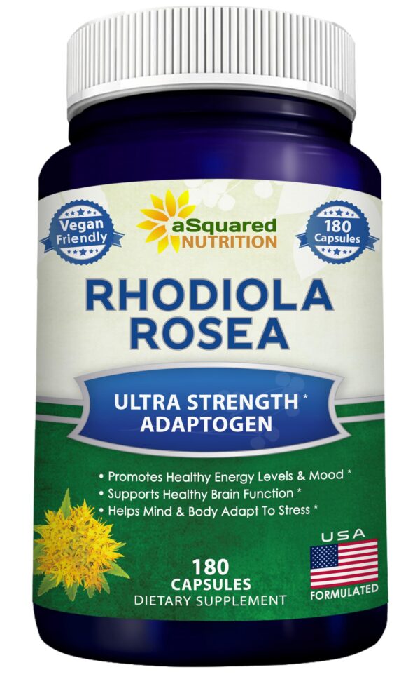 Botella de suplemento Rhodiola Rosea 1000mg 180 cápsulas veganas
