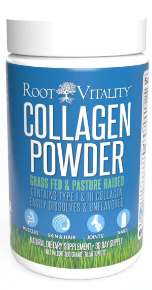 Frasco de Root Vitality Collagen Peptides con etiqueta