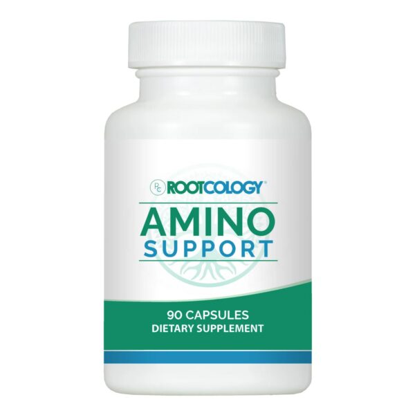 Frasco de Rootcology Amino Support con etiqueta frontal