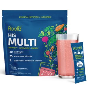 Frente del envase de Root'd multivitamínico en polvo para hombres