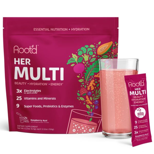 Version 1.0.0 Polvo multivitamínico Root'd caja frontal