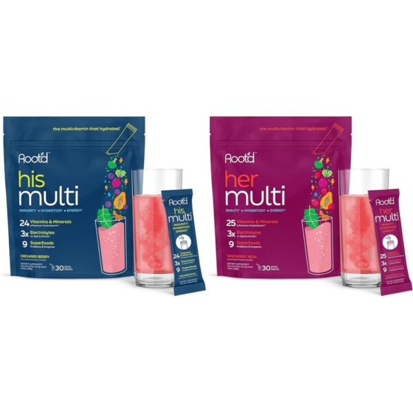 Frente de la caja Root'd multivitamínico en polvo
