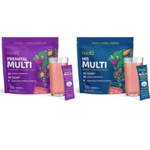 Paquete multivitamínico prenatal y para hombres Root'd frontales