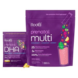 Empaque frontal de Root'd Prenatal DHA + Multivitamin Powder