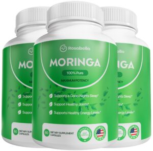 Frasco de cápsulas de moringa pura Rosabella superalimento verde
