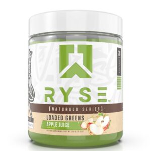 Version 1.0.0 Frente del envase de RYSE Loaded Greens con jugo de manzana