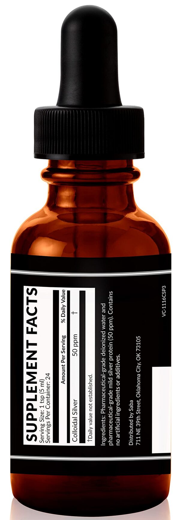 Etiqueta lateral de la botella de plata coloidal Saba