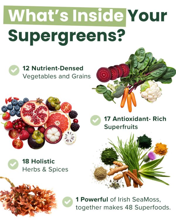 Saco de polvo super greens Atlantic Naturals con ingredientes