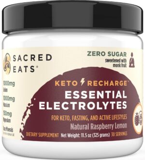 Envase de polvo electrolitos keto Sacred Eats sabor limón frambuesa