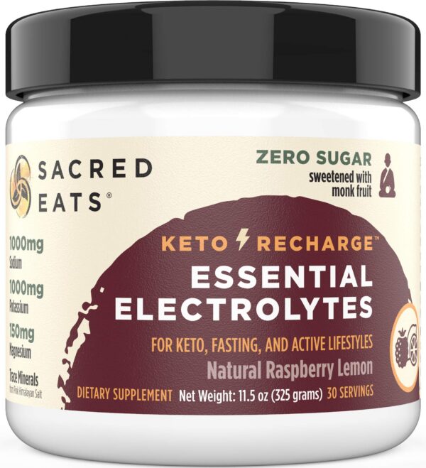 Envase de polvo electrolitos keto Sacred Eats sabor limón frambuesa