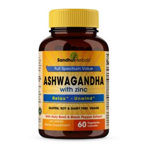 Sandhu Herbals Ashwagandha suplemento con zinc cápsulas orgánicas